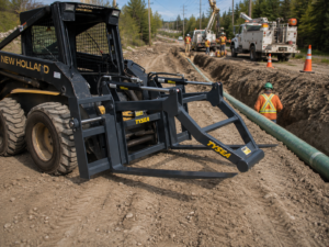 Skid steer mat grapple in utility work setting