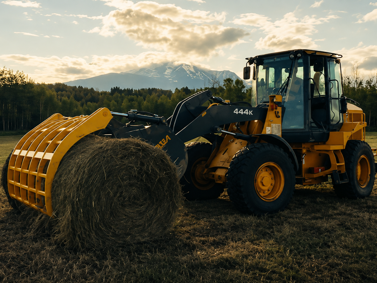 John Deere wheel loader with Tysea Mfg corral bucket for round hay bales