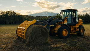 John Deere wheel loader with Tysea Mfg corral bucket for round hay bales