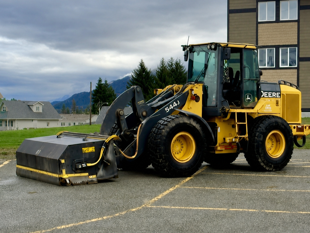 John Deere wheel loader with pickup broom attachment