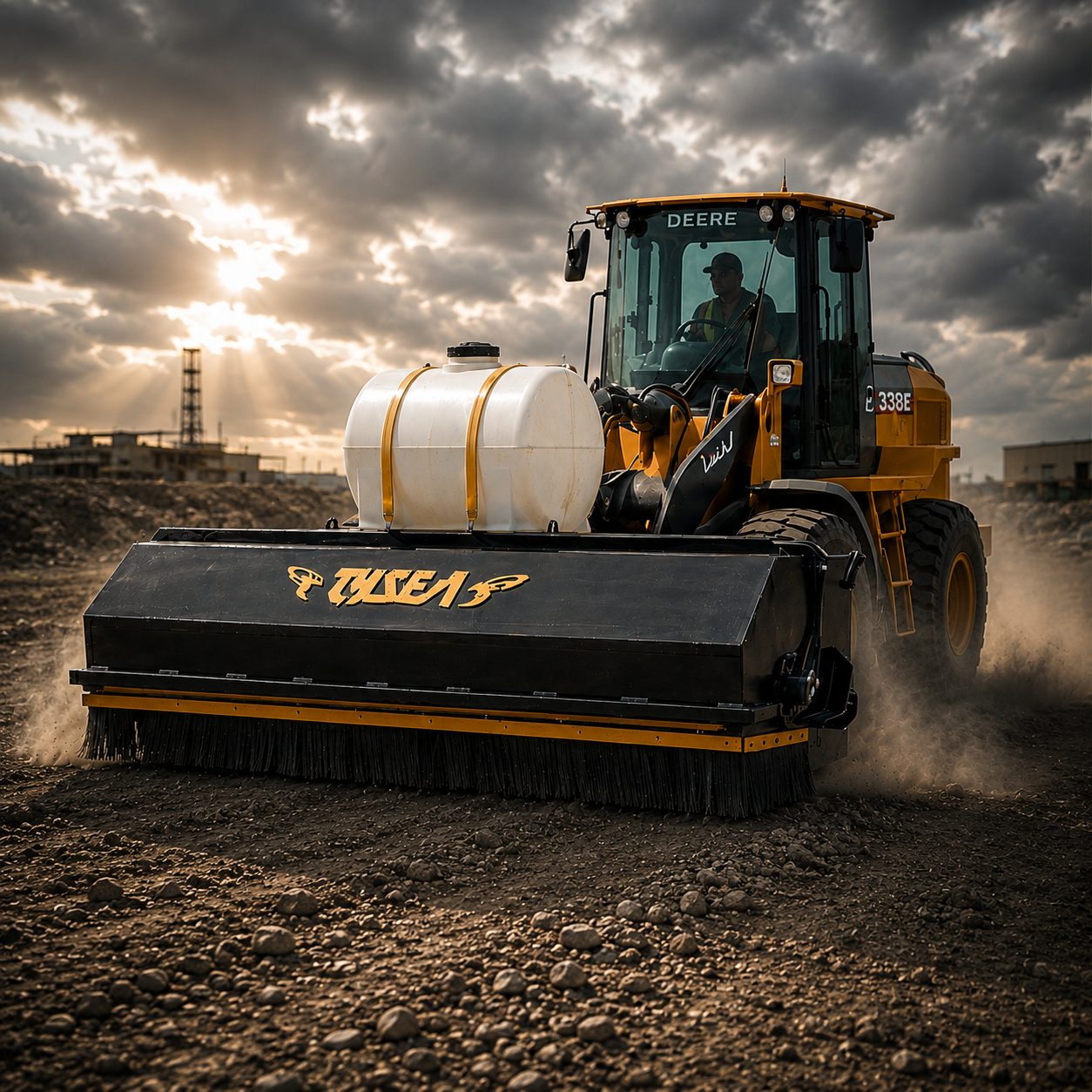 Wheel loader with pickup broom attachment installed